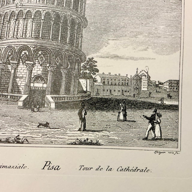 Paper Vintage Architectural Print Engraving of the Leaning Tower of Pisa, Italy, Artist Signed in Plate For Sale - Image 7 of 14