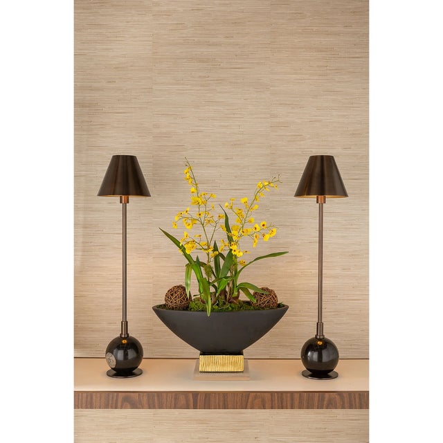 Boston is our modern buffet lamps featuring a solid natural black marble ball base with accents of aged bronze metal...