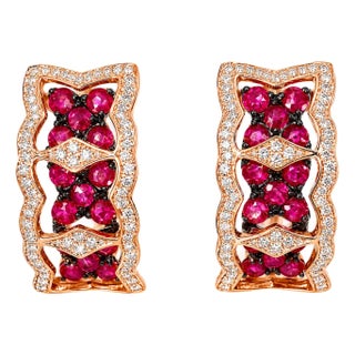 14K Pink Rose Gold Diamond Ruby Flower Huggie Earrings Estate Floral For Sale