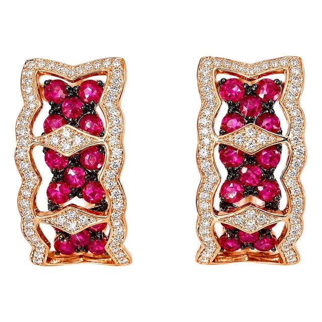 14K Pink Rose Gold Diamond Ruby Flower Huggie Earrings Estate Floral For Sale