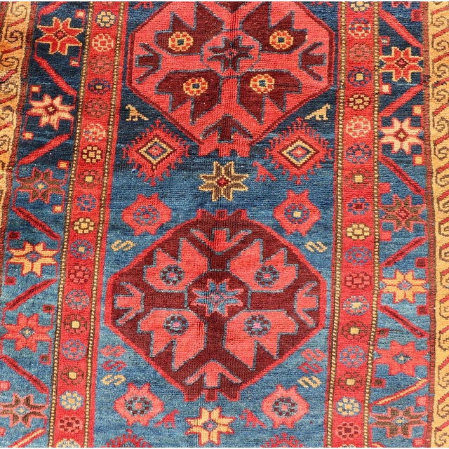 Brick Red Antique Kurdish Gallery Rug With Indigo Field and Bold Tribal Medallions For Sale - Image 8 of 12