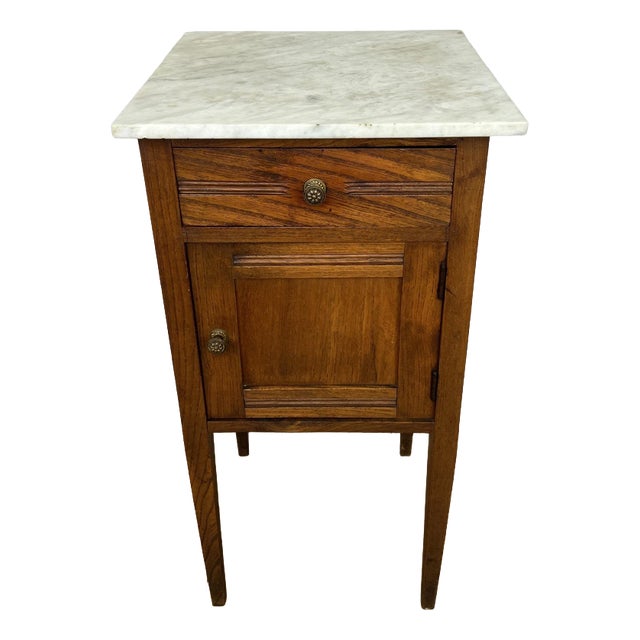 Antique French Oak Bedside Table with Marble Top For Sale