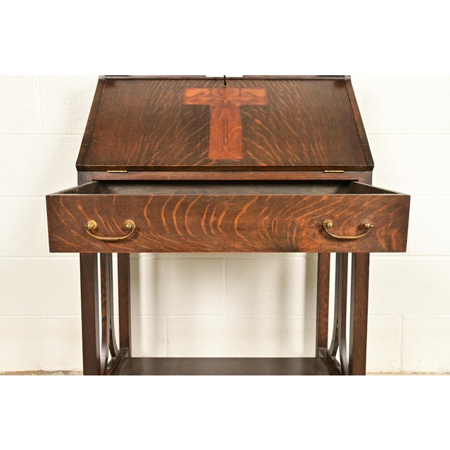 Stickley Brothers Style Antique Mission Oak Arts & Crafts Drop Front Secretary Desk With Inlaid Marquetry, Circa 1910 For Sale - Image 9 of 16