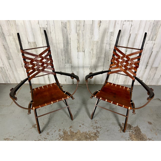 Mid-Century Modern 1960s Italian Belt Strap Leather Arm Chairs by Alberto Marconetti- a Pair For Sale - Image 3 of 13