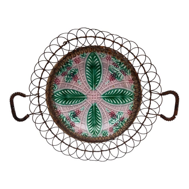 French Majolica Wire Basket Grapes Salins Circa 1890 For Sale