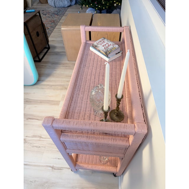 Vintage Henry Link Wicker Bar Cart / Side Table - Two Drawers & Casters For Sale - Image 12 of 12