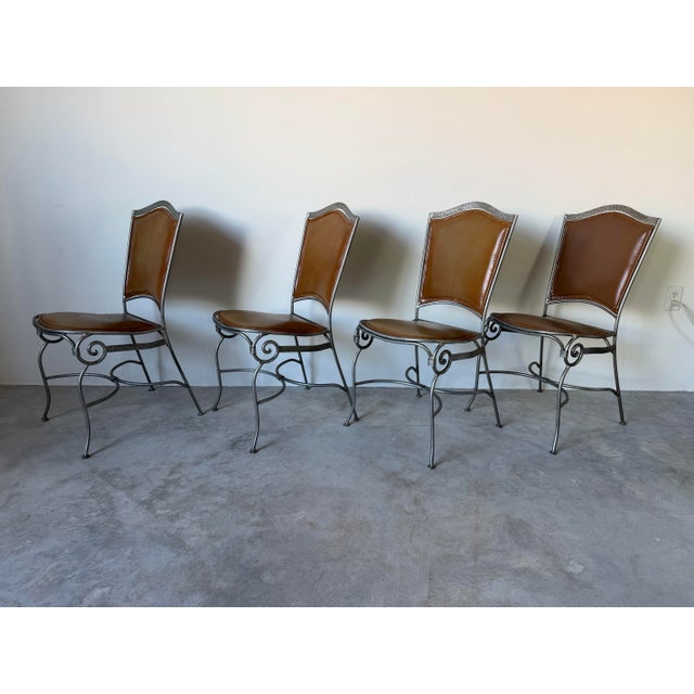 Palma Brava Wrought Iron & Brown Leather Dining Chairs – Set of 4 For Sale - Image 4 of 13