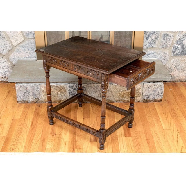 Jacobean Antique Carved Oak Irish Single Drawer Work Table For Sale - Image 3 of 10