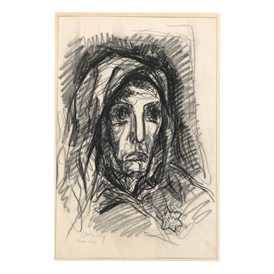 Serge Fontinsky, Portrait, Charcoal Drawing, 1943 For Sale