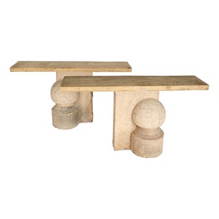 Late 20th Century Pair of Stone and Wood Console Tables For Sale