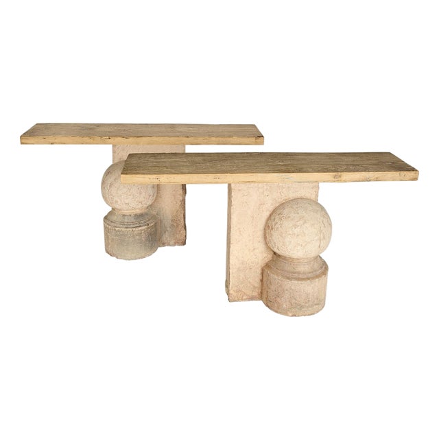 Late 20th Century Pair of Stone and Wood Console Tables For Sale