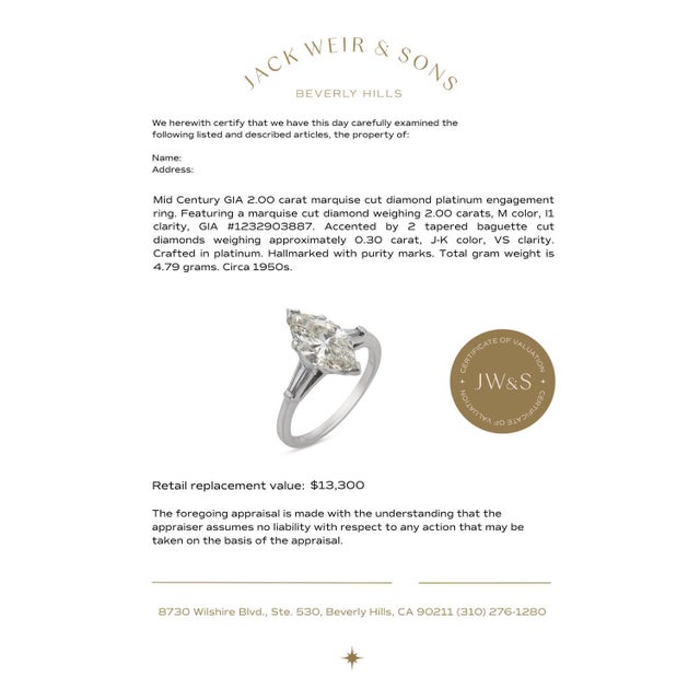 Platinum Mid Century Gia 2.00 Carat Marquise Cut Diamond Platinum Engagement Ring, Size 6 For Sale - Image 8 of 8