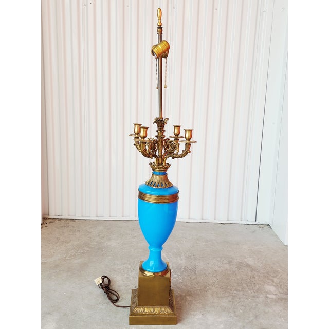 French Antique French Blue Opaline Glass & Bronze Candelabra Table Lamp For Sale - Image 3 of 14
