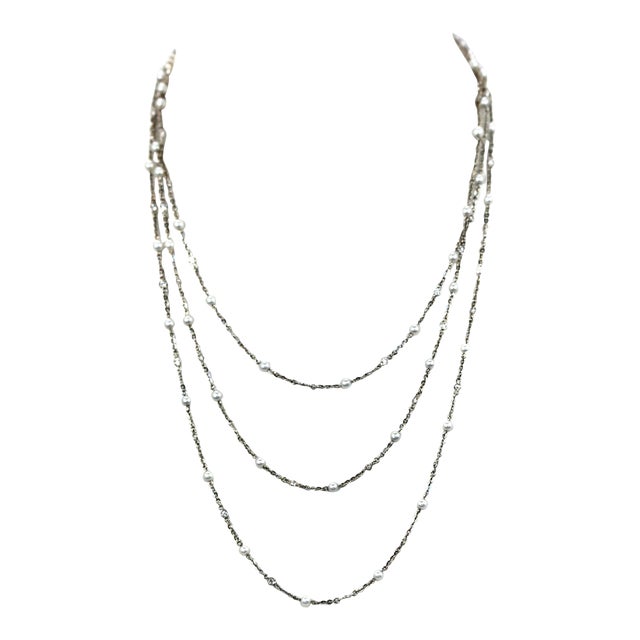 Seed Pearl Diamond Platinum 52" Long Necklace For Sale