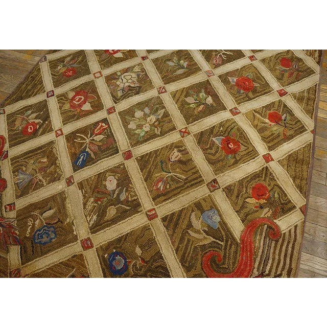 1870s Brown Diamond Folk Art Antique American Hooked Rug 5'0" X 7'3" Woven Wool Carpet For Sale - Image 4 of 9
