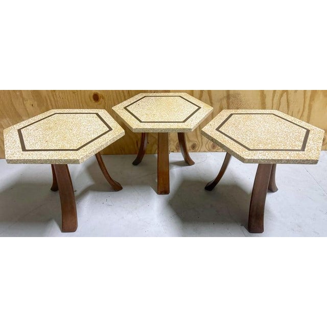 Mid-Century Modern Harvey Probber Terrazzo & Bronze Inlay Hexagonal Side Tables For Sale In West Palm - Image 6 of 9