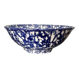 Vintage Italian Stoviglierie Hand-Painted Blue & White Spongeware Ceramic Serving Bowl For Sale