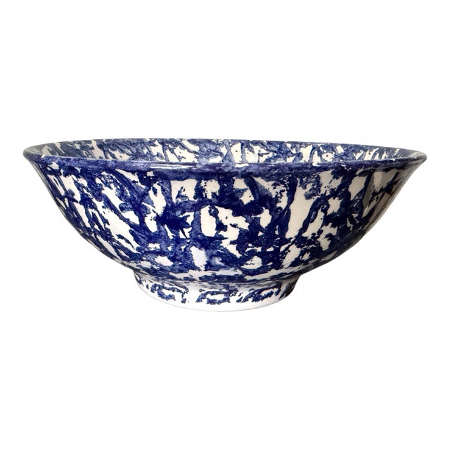 Vintage Italian Stoviglierie Hand-Painted Blue & White Spongeware Ceramic Serving Bowl For Sale