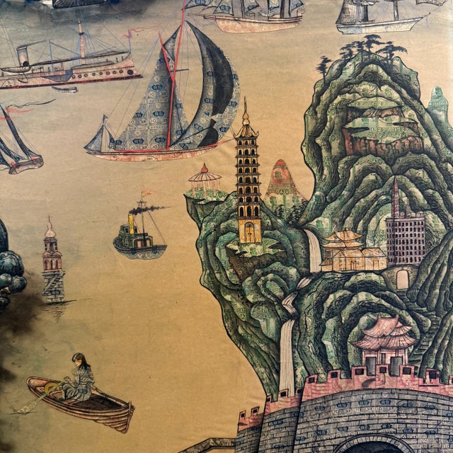 '1920's Chinese Port With Biplane Overhead', Early 20th Century Chinese School, Philately, Postage Stamp Collage For Sale - Image 13 of 16