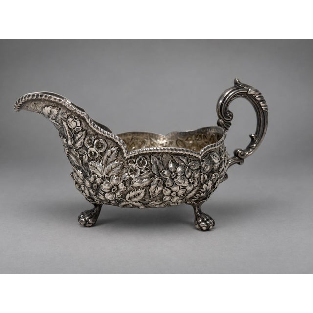 19th Century Rococo Bigelow, Kennard & Co. Sterling Silver Floral Repoussé Sauce Boat For Sale - Image 4 of 11