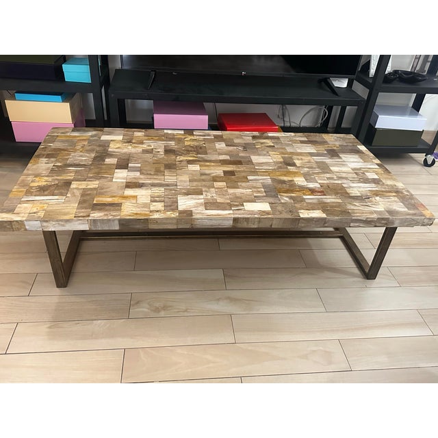 Marina Home Vein-Cut Petrified Wood Coffee Table on Bronze-Tone Steel Base For Sale - Image 9 of 10