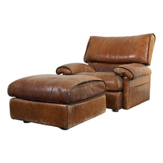 Vintage 1970's Attributed to Roche Bobois Leather Lounge Chair With Ottoman Attributed For Sale
