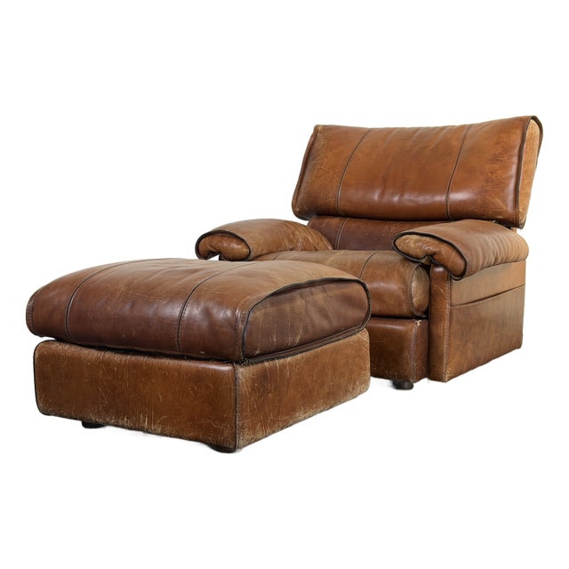 Vintage 1970's Attributed to Roche Bobois Leather Lounge Chair With Ottoman Attributed For Sale