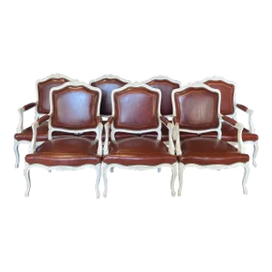 Caramel Leather and White Painted French Armchairs - Set of 7