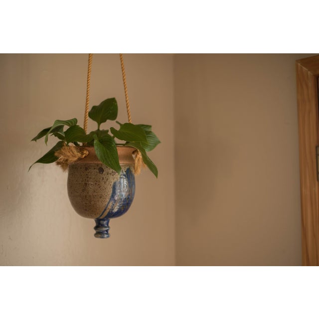 1970s Mid Century Modern Hanging Stoneware Ceramic Drip Glaze Planter Pot For Sale - Image 5 of 9