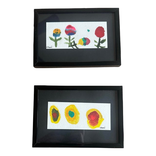 “Playful Blooms” Minimalist Botanical & Abstract Watercolor Pair by Chani MacKay For Sale