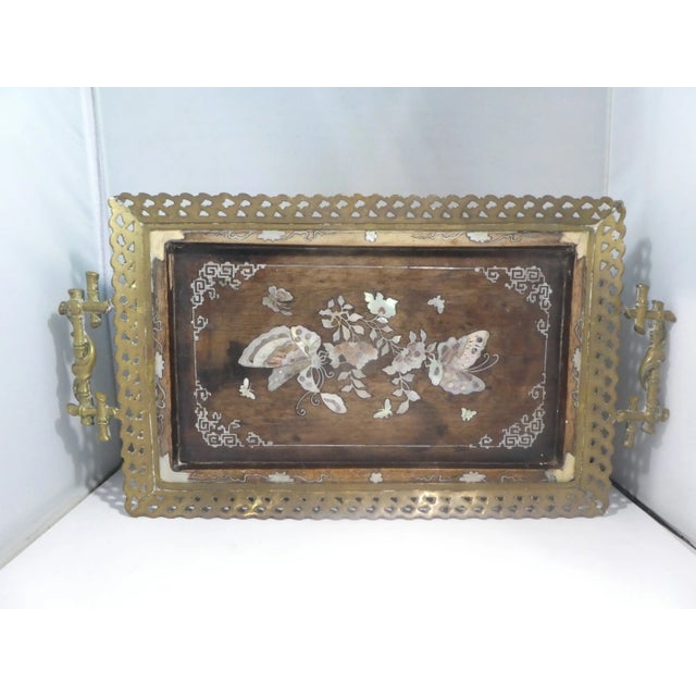 Bronze 19th C Victorian Aesthetic Movement Bronze Tray W Mother of Pearl Inlay of Butterflies with Hairy Paw Feet For Sale - Image 8 of 8