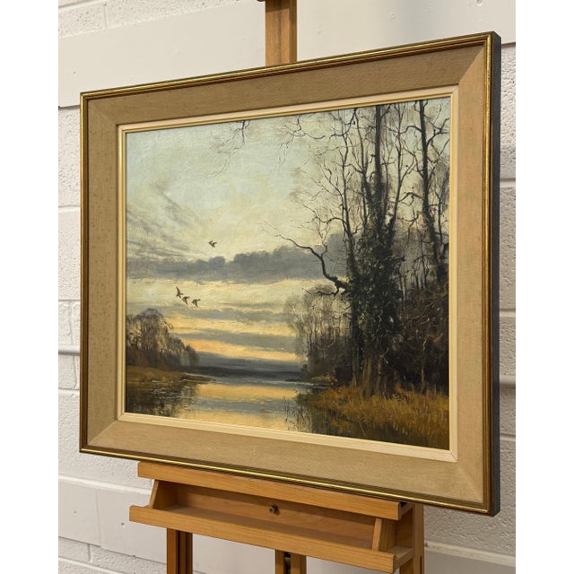 Winter Evening Ducks Flying over Water - English Countryside Vintage British Art 1979 For Sale - Image 10 of 15
