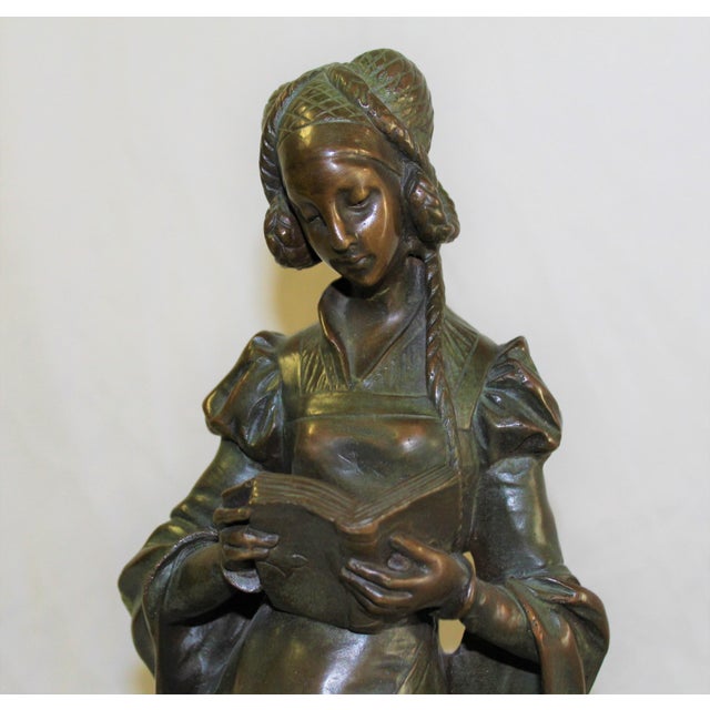1990s Art Nouveau Bronze Lady Marble Base 'The book Lady' For Sale - Image 16 of 18