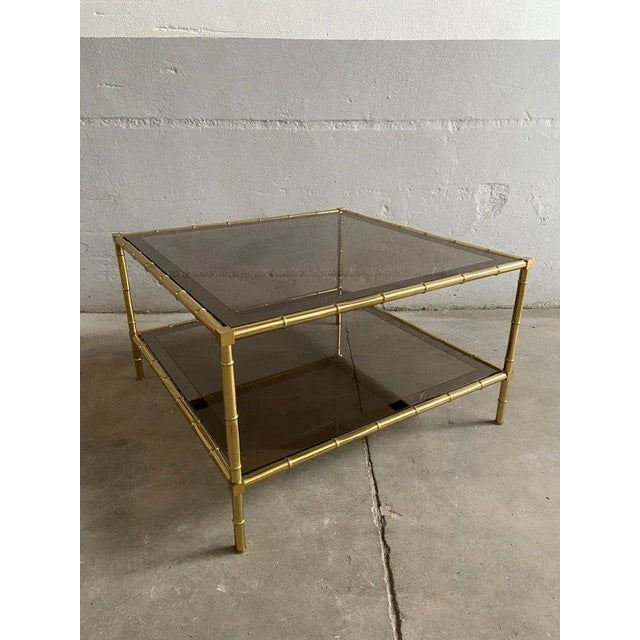 French Brass, Faux Bamboo & Smoked Glass Coffee Table, 1960s For Sale - Image 4 of 11