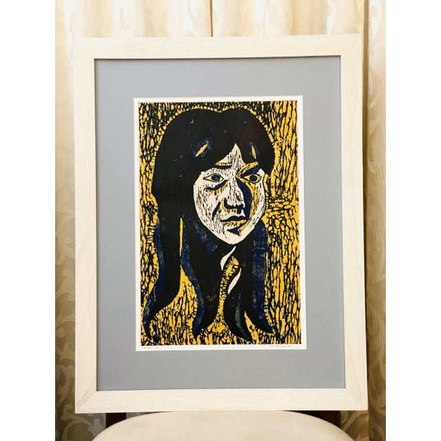 Mid-Century Modern Vintage Original Numbered Woodprint Portrait of Girl With Long Hair on Japanese Rice Paper #3 of 10 For Sale - Image 3 of 8