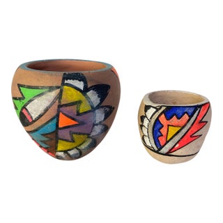 Pair of Mid-Century Handmade Tesuque Pueblo Pottery Vessels With Poster Paint Decoration, New Mexico For Sale