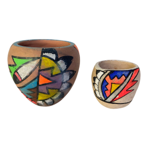 Pair of Mid-Century Handmade Tesuque Pueblo Pottery Vessels With Poster Paint Decoration, New Mexico