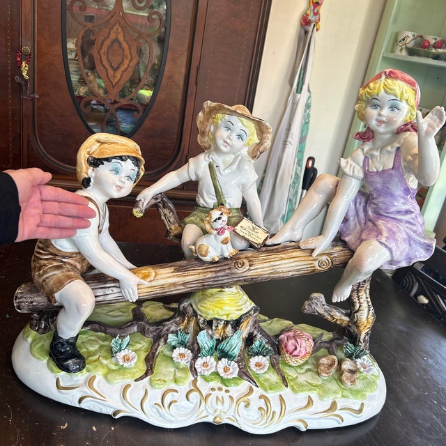Large Capodimonte Porcelain Figural Sculpture of Children and Dog on Seesaw Mid to Late 20th Century For Sale - Image 12 of 12