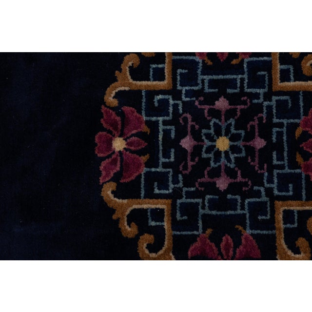 Antique Art Deco Chinese Wool Rug With Indigo Field and Lotus Medallions 9x11 For Sale - Image 4 of 12