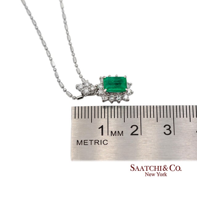 Gia Certified Platinum 900 Emerald & Diamond Pendant With Platinum 850 Chain For Sale - Image 11 of 13