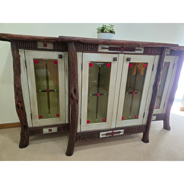 Wood Diane Ross Signed Rustic Breakfront Credenza-Reclaimed Oak & Fused Glass Art For Sale - Image 7 of 18
