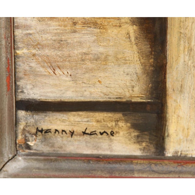 Standing in the doorway to her home, the elderly grandmother in this portrait is shown smiling at the viewer while she...