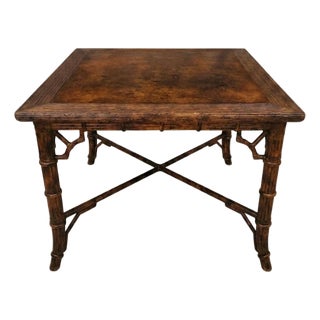 Vintage Stained Tortoiseshell Burnt Bamboo Sqaure Regency British Colonial Card Dining Table For Sale