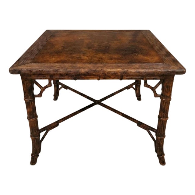 Vintage Stained Tortoiseshell Burnt Bamboo Sqaure Regency British Colonial Card Dining Table For Sale