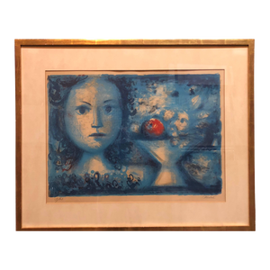 Late 20th Century Luis Vidal Molné, Spanish Catalan Surrealist Lithograph Portrait Girl with Fruit Still Life, Framed