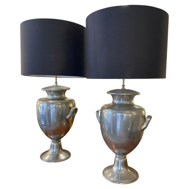 Pewter Table Lamps with Large Black Lampshades, 1970, Set of 2 For Sale - Image 18 of 18