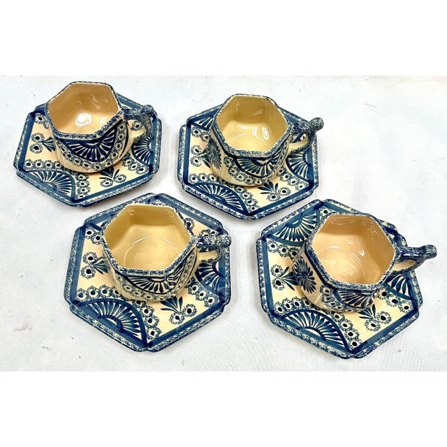Vintage Signed Quimper Blue Cups and Saucers Set- 8 Pieces For Sale - Image 9 of 10