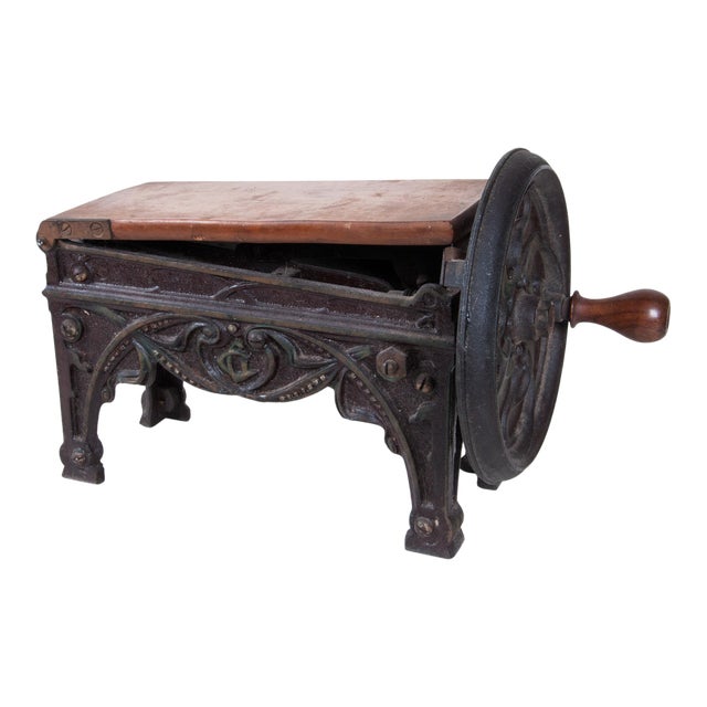 Mechanical Cast Iron and Wood Tobacco Cutter, Antique, Manual, Compact Design, Exotic Accessory for Conversation For Sale