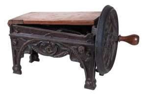 Mechanical Cast Iron and Wood Tobacco Cutter, Antique, Manual, Compact Design, Exotic Accessory for Conversation