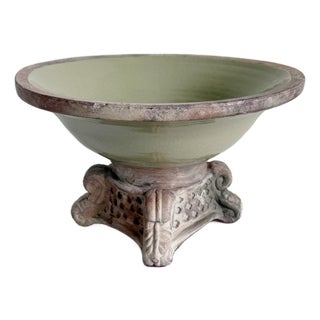 Vintage Italianate Terracotta & Celadon Glazed Pedestal Bowl For Sale
